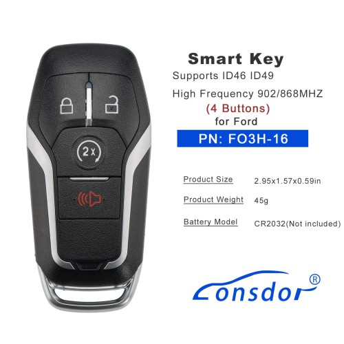 LONSDOR FO3H Series Smart Key FO3H-16 4 Buttons for Ford Supports ID46 ID49 High Frequency 902/868MHZ
