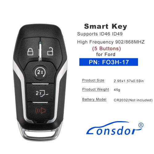 LONSDOR FO3H Series Smart Key FO3H-17 for Ford 5 Buttons Supports ID46 ID49 High Frequency 902/868MHZ