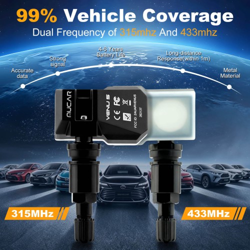 MUCAR VENU5 Tire Pressure Sensors Support 315MHz & 433MHz Dual Frequency 4PCS/Set.