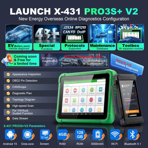 LAUNCH X-431 PRO3S+ V2 with Smartlink V4 Android 15.0 New Energy Overseas Online Diagnostics Configuration