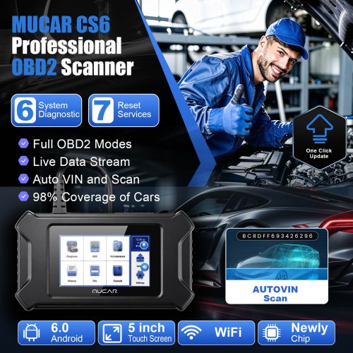 MUCAR CS6 Diagnostic Scanner Supports 6 System Diagnoses, 7 Reset Services, Full OBD2 Functions