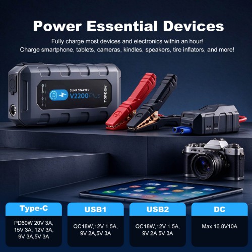 TOPDON Jump Starter V2200PLUS 2-in-1 Jump Pack & Battery Tester Offer 35 Jumps on A Full Charge
