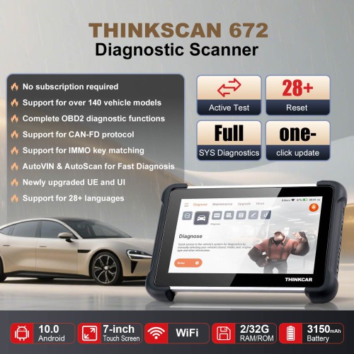 THINKSCAN 672 Diagnostic Scanner Supports Multi Languages CAN-FD Protocol 28+ Reset Functions IMMO Key Matching