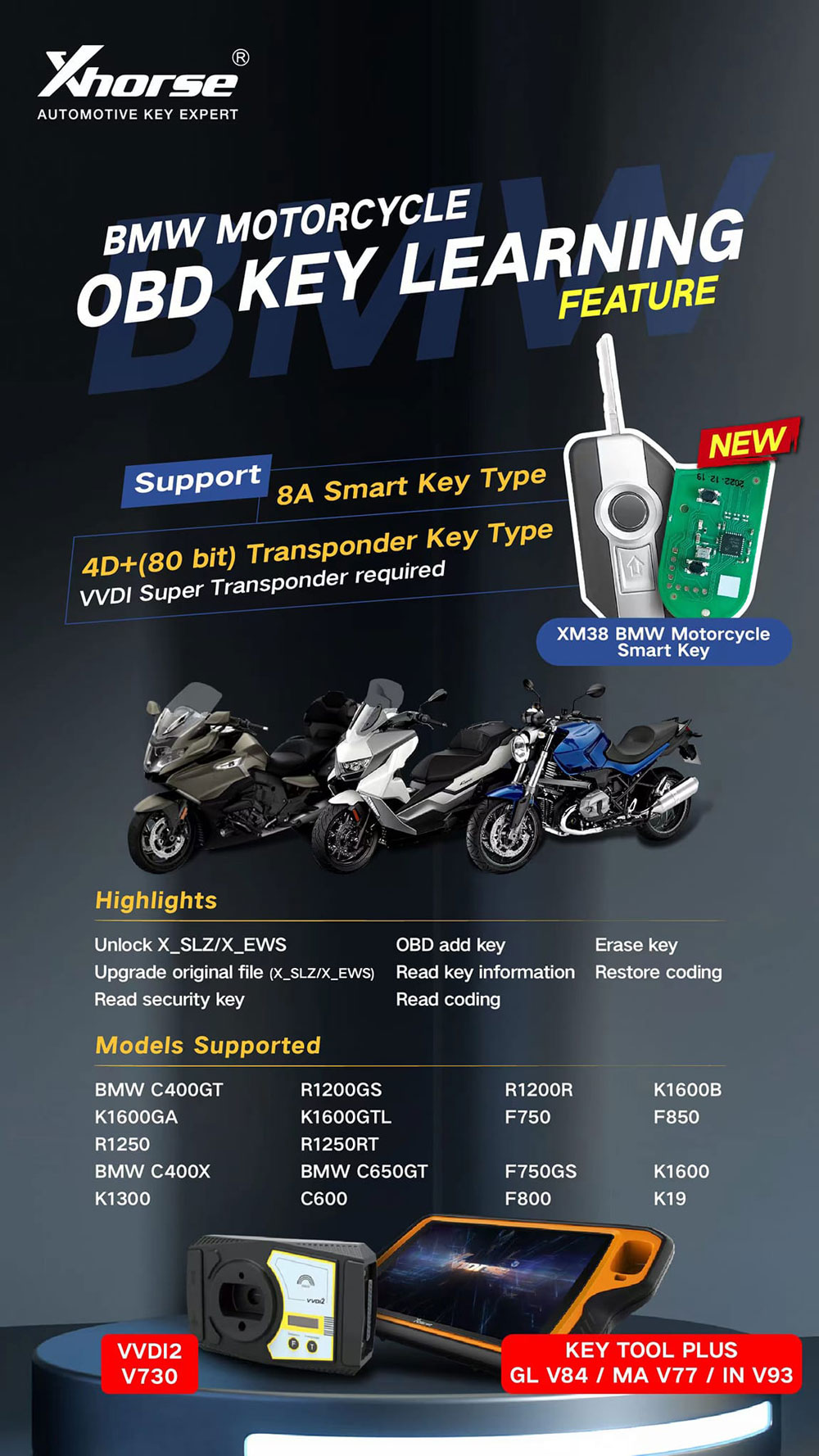 Xhorse BMW Mototcycle OBD Key learning License for VVDI Key Tool Plus, VVDI2